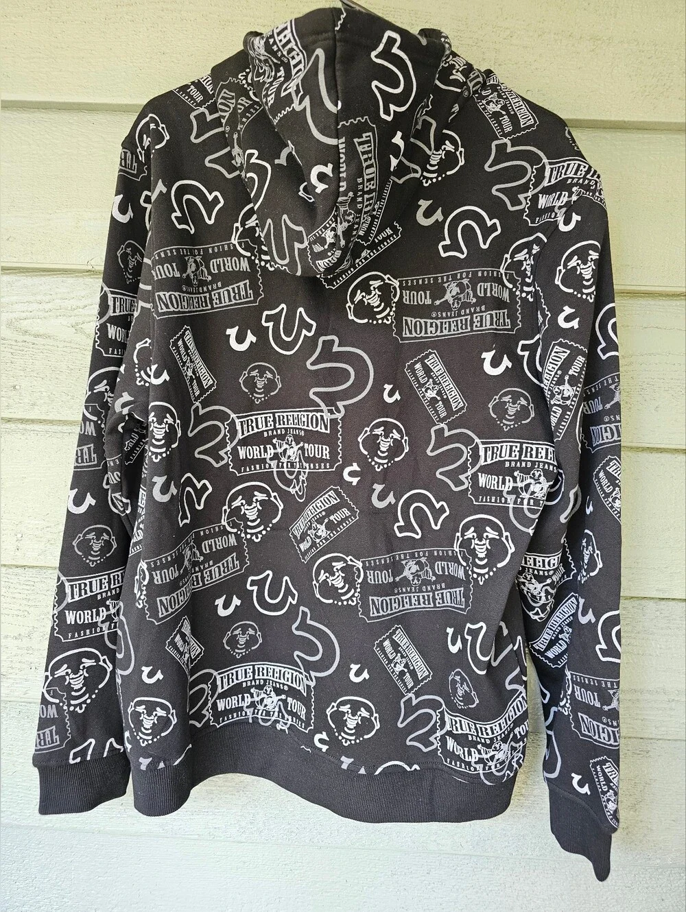 True Religion Men's L Buddha & World Tour Ticket Allover Print Hooded Pullover
